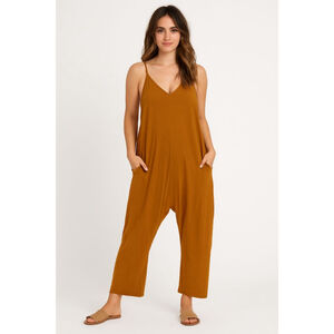 Women’s Deep Self Loose Casual V-Neck Sleeveless Jumpsuit – Rust – Size M – NWT